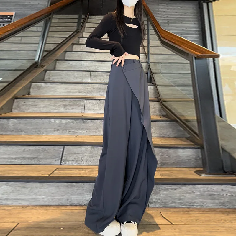 Irregular Patchwor Pants Women Casual Full Length Solid Wide Leg Pants Fashion 2024 Women Straight Trousers pantalones de mujer