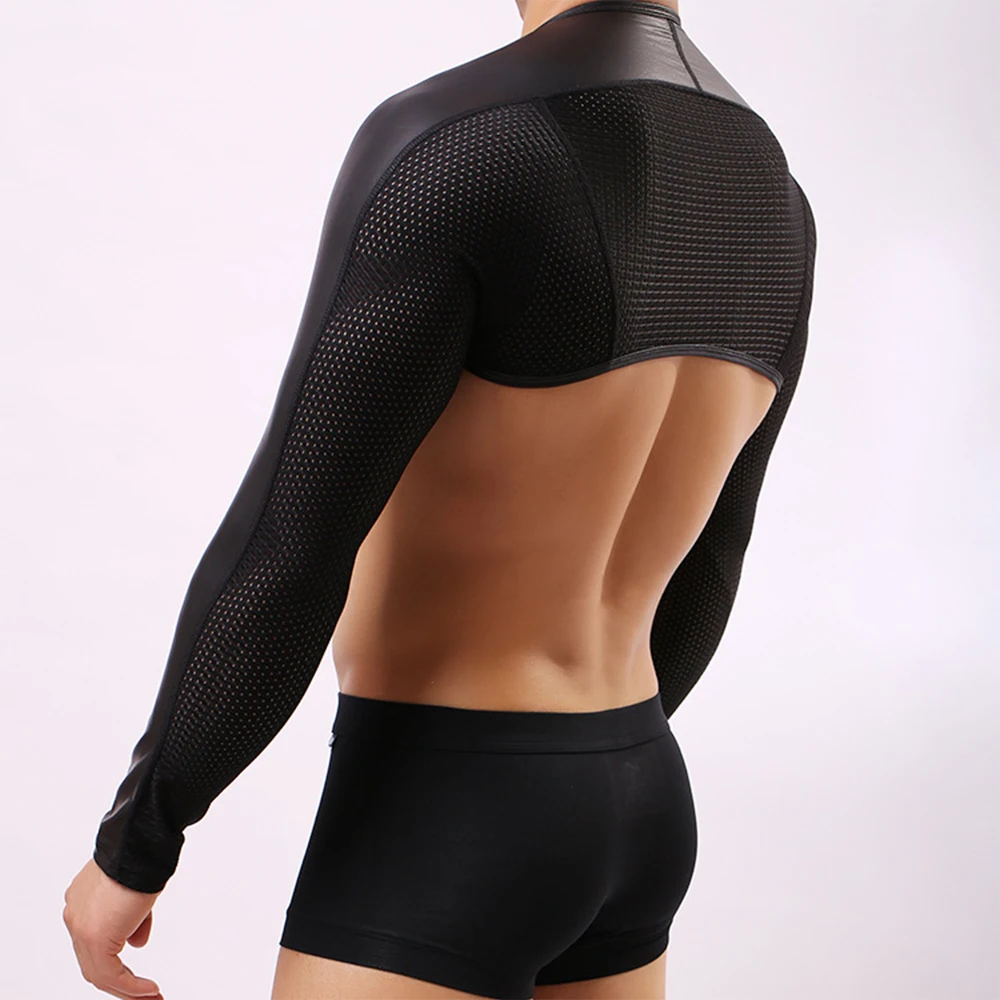 

Men's Sexy Faux Leather Mesh Patchwork T-Shirts Performance Crop Top Wrestling Long Sleeve Protection T Shirt Male Clothing