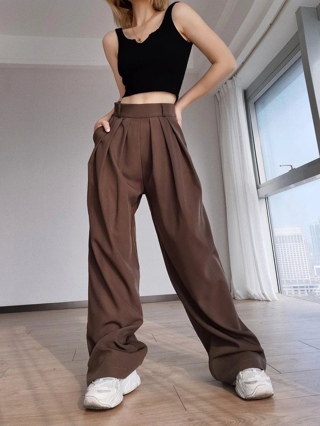 Chic Wide Leg Suit Pants For Women Spring Summer Casual High Waist Loose Long Pants Lady Streetwear Pleated Suit Trousers