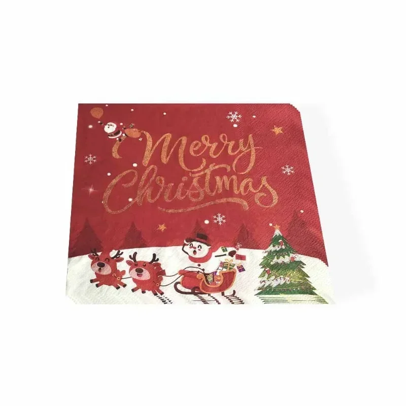 Christmas Party Decoration Paper Gold Merry Christmas Red Napkin Cartoon Elements Wine Glasses Flower Plate Napkin