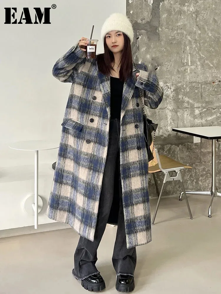 

[EAM] Loose Fit Blue Plaid Big Size Woolen Coat Lapel Parkas New Long Sleeve Women Fashion Tide Autumn Winter 2023 1DF3534