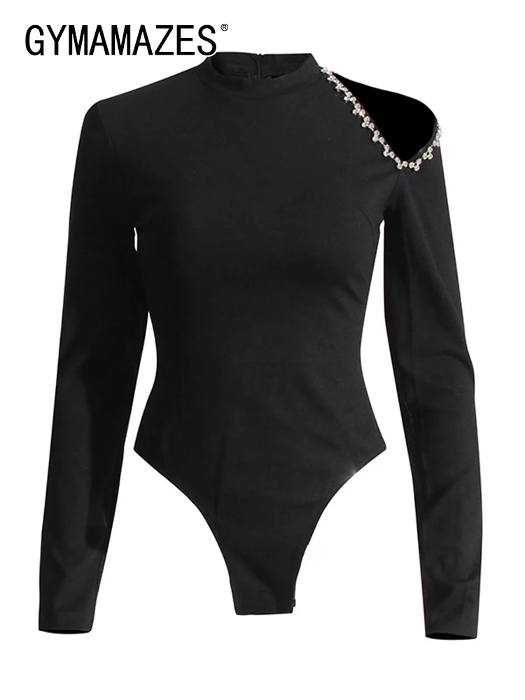 

GYMAMAZES Solid Spliced Diamonds Bodysuits For Women O Neck Long Sleeve Off Shoulder High Waist Slimming Bodysuit Female Clothes