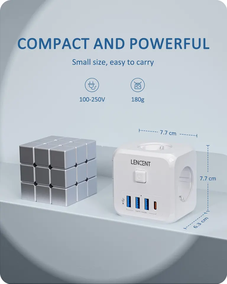 Alargador USB 7 En 1 LENCENT - 3 Enchufes Schuko + 3 USB + 1 USB-C, 4000W Máx., Compacto Para Viajes