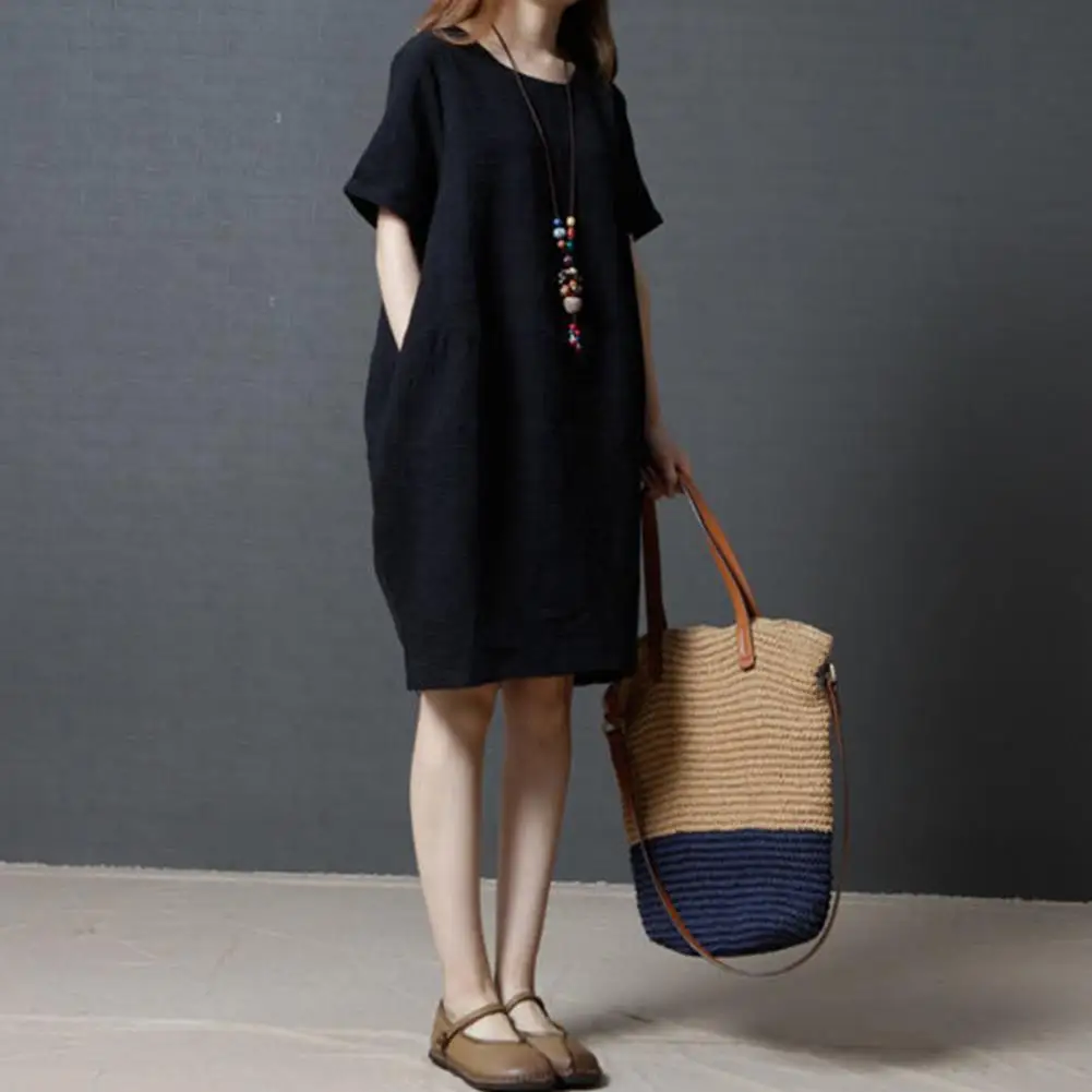 

Lady Summer T-Shirt Short Dress O Neck Short Sleeves Loose Side Pockets Knee Length Pullover Casual Commute Midi Dress 미적 치마