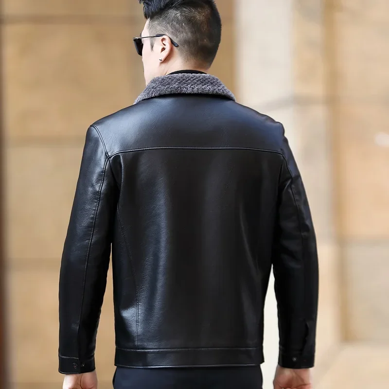 Men's Fur One Casual Thickened Motorcycle Jacket Mens Fashion Leather Jacket Male Plus Cashmere Sheep Leather Short Coat leather jackets