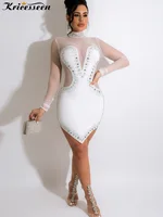 Sexy Crystal Glam Mesh Patchwork Mini Dress WoLong Sleeve Bodycon See Through Dresses Clubwear Outfits