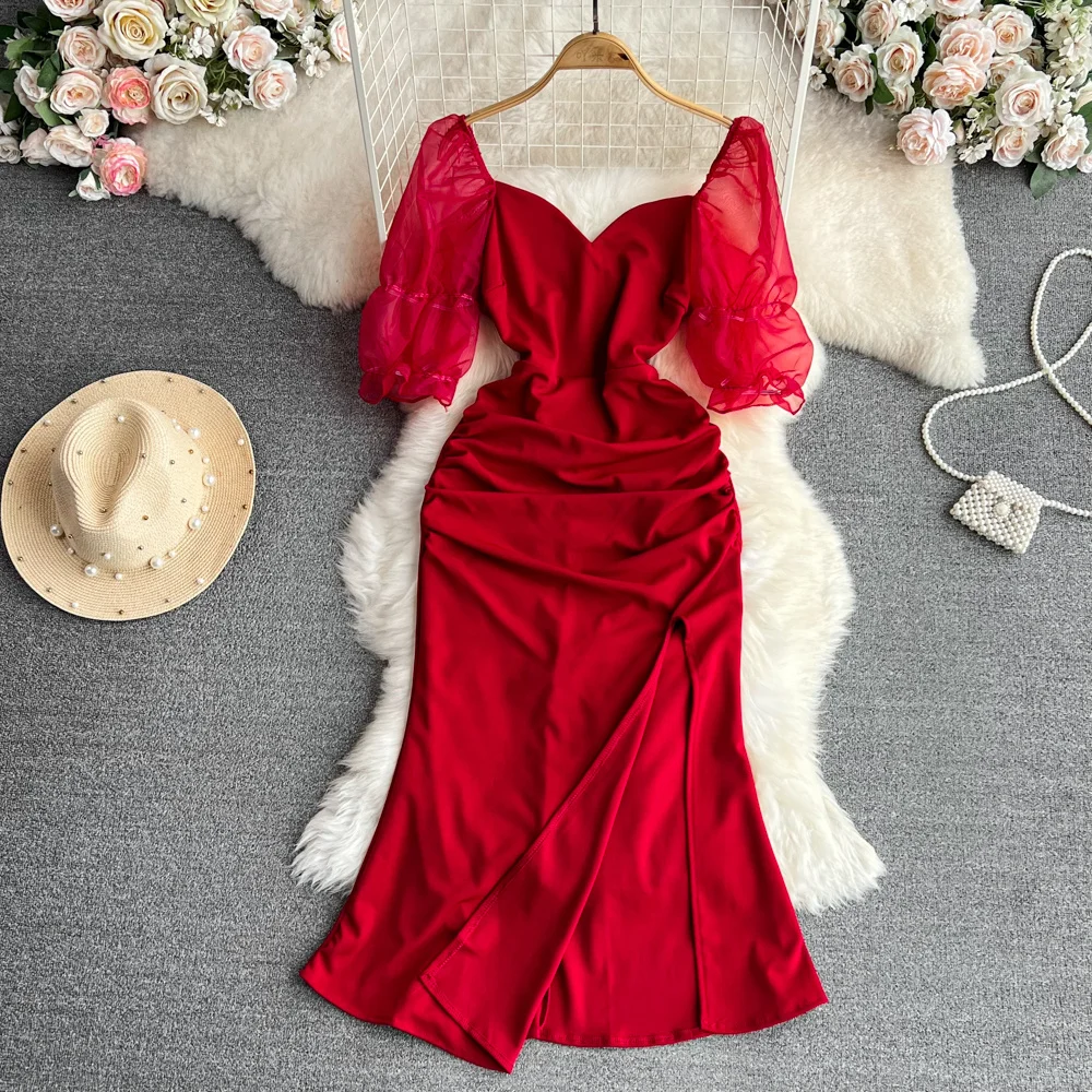 

Элегантное красное вечернее платье с коротким рукавом, женское привлекательное Сетчатое облегающее длинное платье с квадратным вырезом и разрезом на талии, новинка 2023