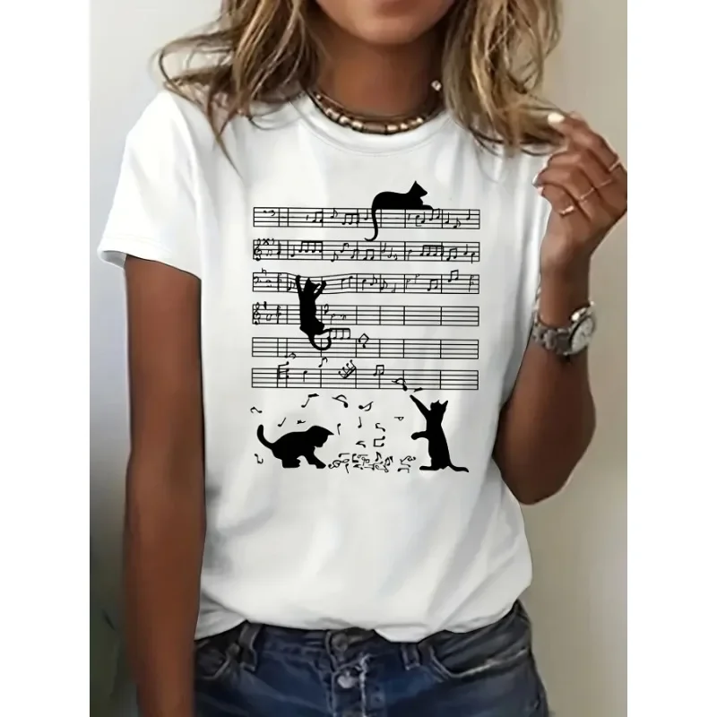 Women Summer Cat and Sheet Music Print Comfortable T-Shirt Casual Short Sleeve Round Neck Top for Summer Women's Clothing