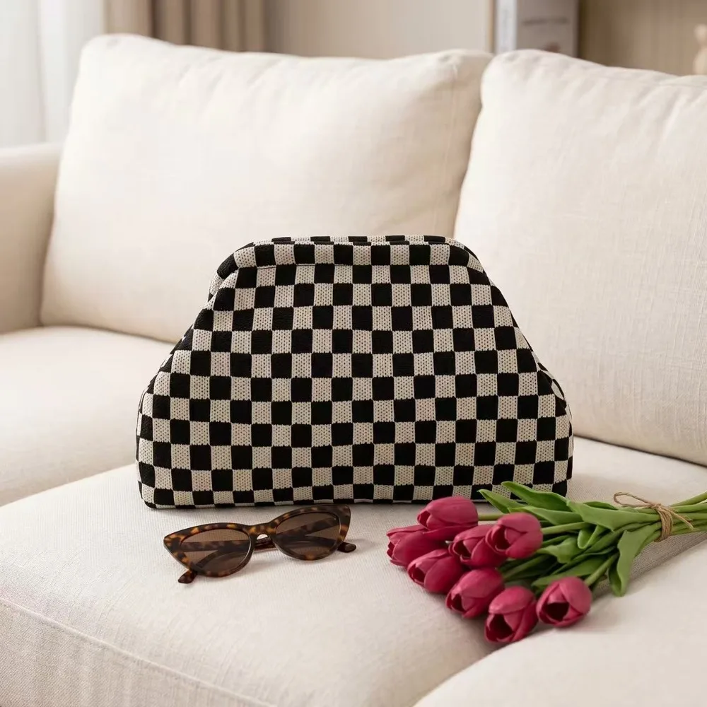 Retro-Karomuster-Stricktasche mit großem Fassungsvermögen und multifunktionaler Aufbewahrungsfunktion