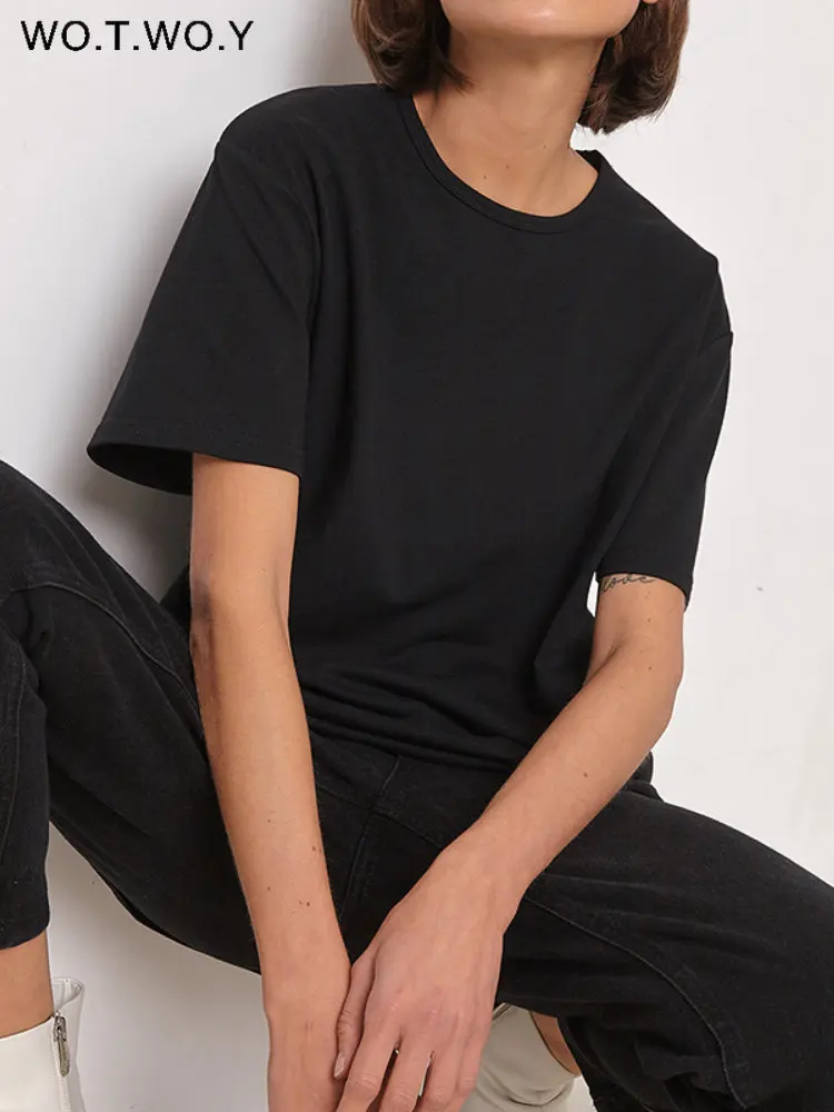 WOTWOY 100% Cotton Smmer T Shirt Women Casal Oversized T-shirt Female Loose Fit Basic Black White Tops Tee Shirt623_voghion.com