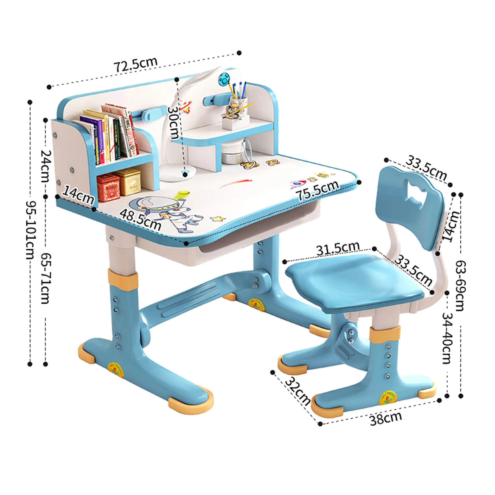 Cartoon Pattern Desk Chair Set Widened Desktop Multi Separation Kids Adjustable Height Study Table with Drawer Chair Set 6