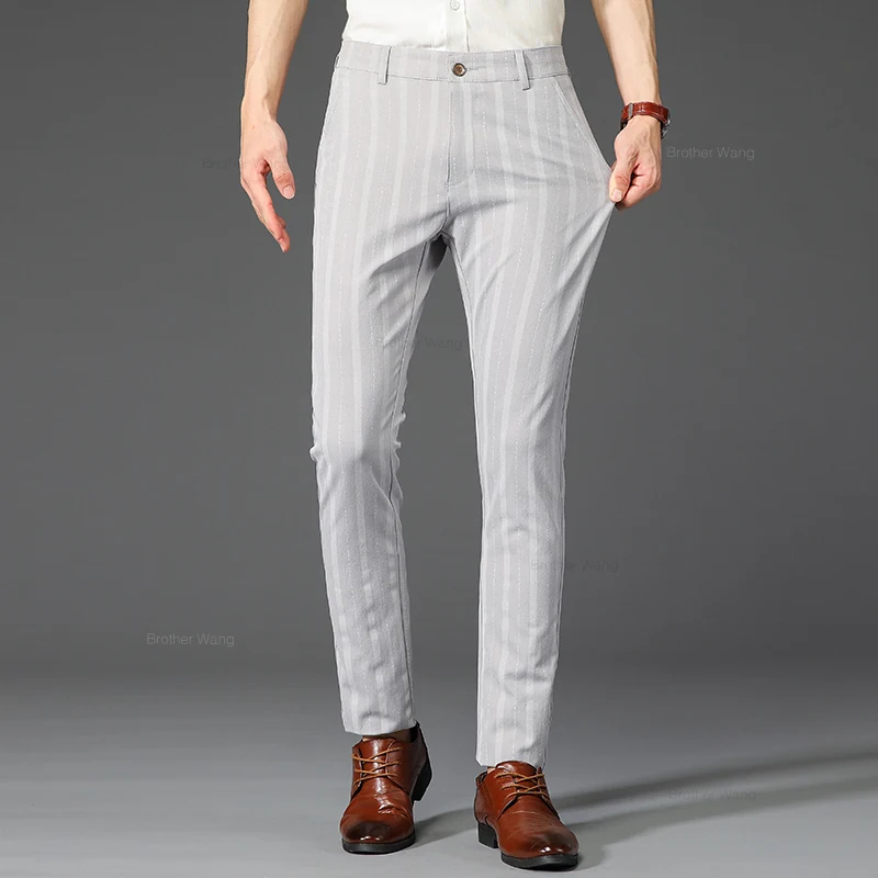 Casual Pants Brand Men's Striped Casual Pants Spring Comfortable Elastic Business Slim Straight British Fashion Trousers Black Khaki Wine Red