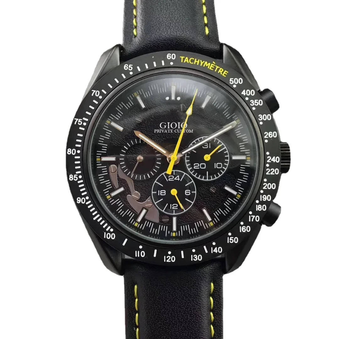 

Luxury New Men Quartz Chronograph Watch Stopwatch Stainless Steel MoonWatch Black Leather Sport Ceramic