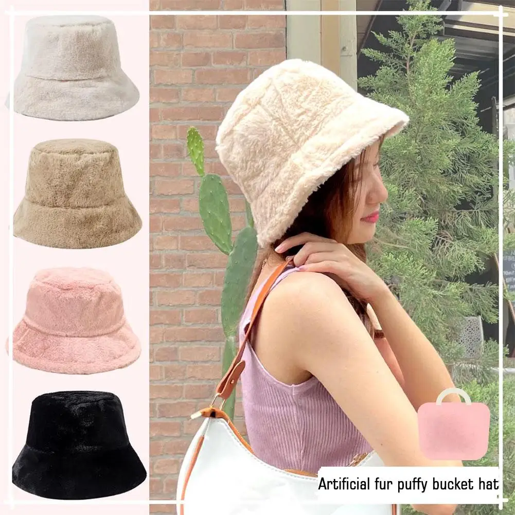 

Women Hat Solid Artificial Fur Warm Female Cap Faux Fur Winter Bucket Hat for Women Outdoor Sunscreen Sun Hat Panama Lady C Q4G3