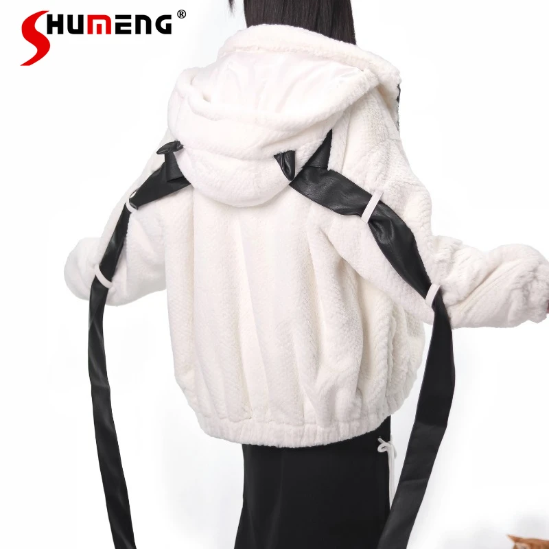 

Japanese Style Women's Clothing Long Sleeve Loose Zipper Coat Jackets Back Big Bow Faux Fur Warm Winter Top Chaquetas De Mujer