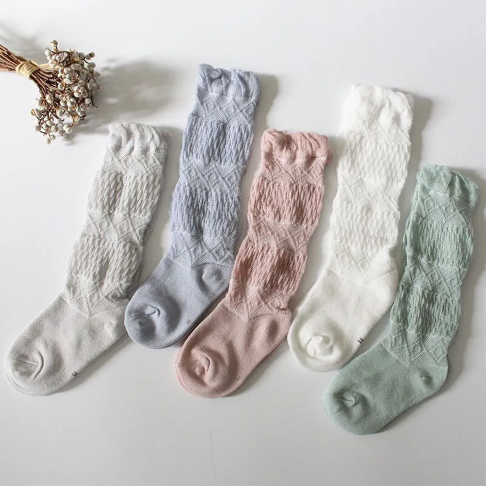 5pcs 긴 튜브 양말 0-1 세 용 부드러운 탄성 코튼 무릎 높이 스타킹 따뜻하고 편안한 거즈 메쉬 디자인