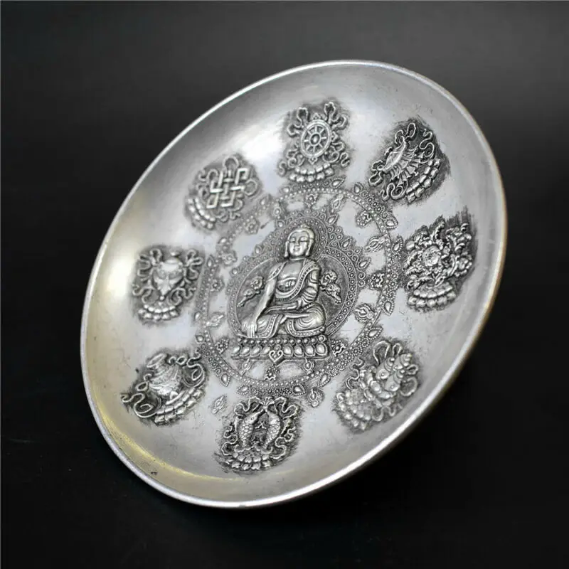 

Qing Dynasty Carving Buddha Statue Eight Treasures Pattern Cupronickel Plate Collection Ornaments Statues for Decoration