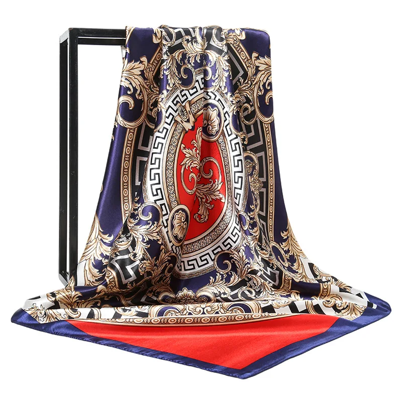 90X90CM New Print Warm Kerchief Luxury Brand Satin Finish Scarves Fashion The Four Seasons Hijab Popular Design Women Silk Scarf 3
