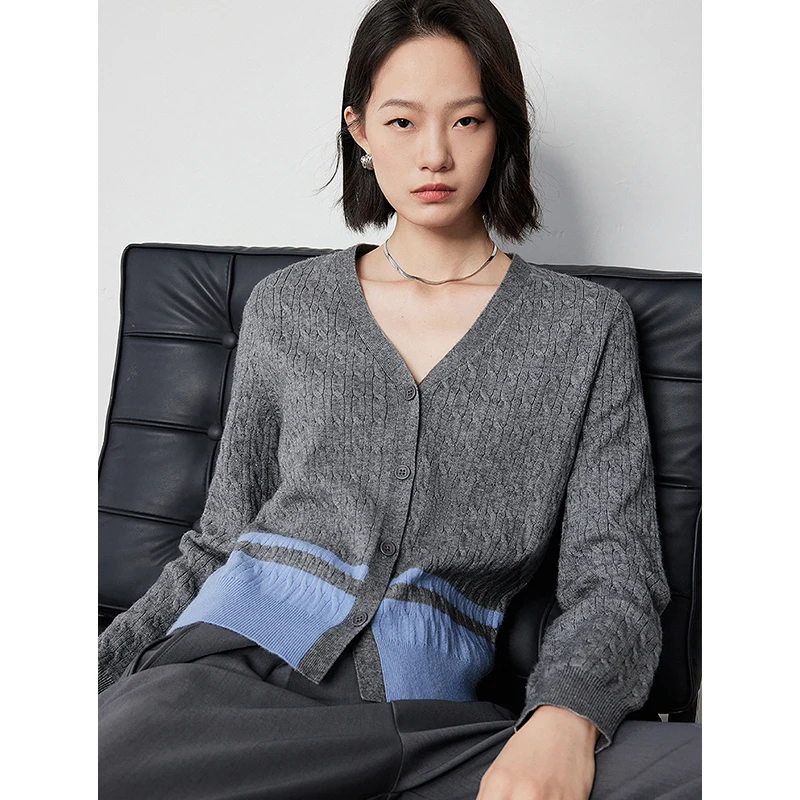 Women Knitwear Cardigan Autumn V Neck Contrast Color Single Breasted Button Knitted Sweater Cardigan Jacket