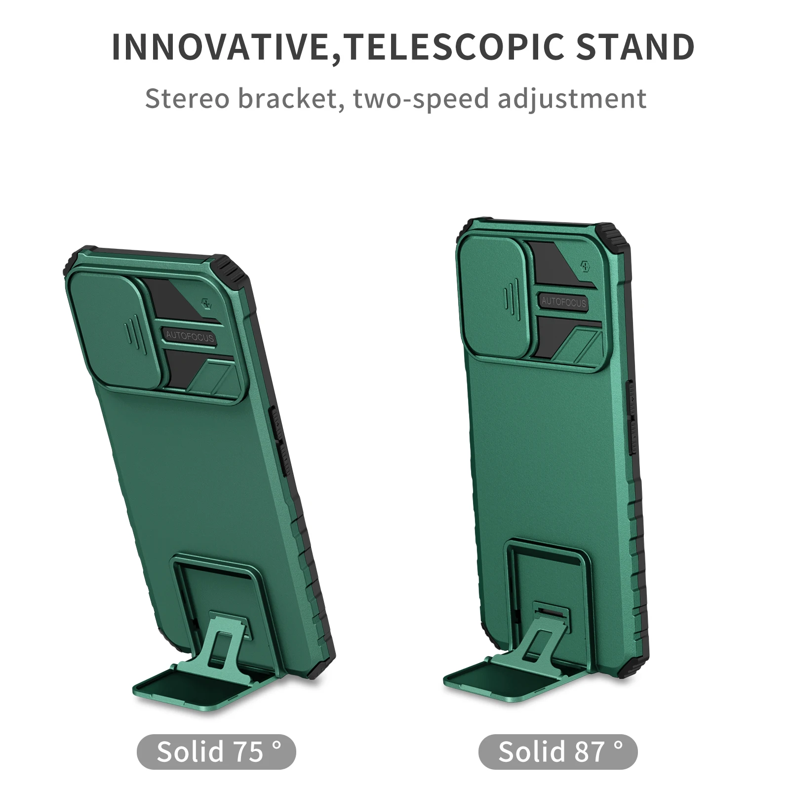Durable Phone Case with Slide Camera Lens Protection and Stand