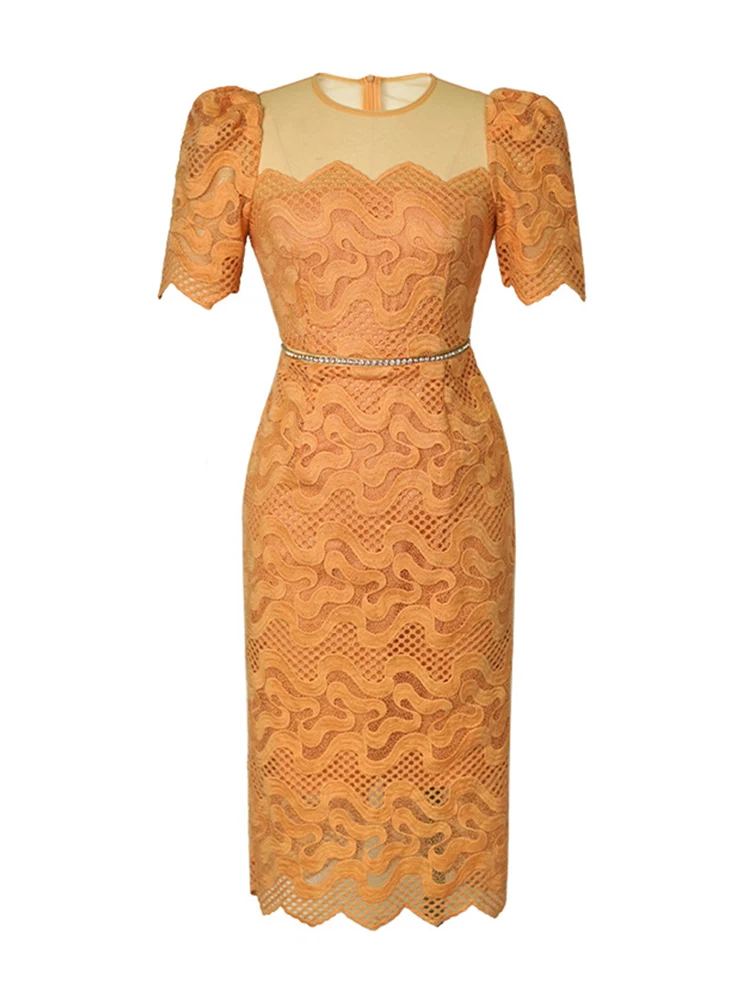 Summer Lace Elegant Women Evening Dress Chic Hollow Puff