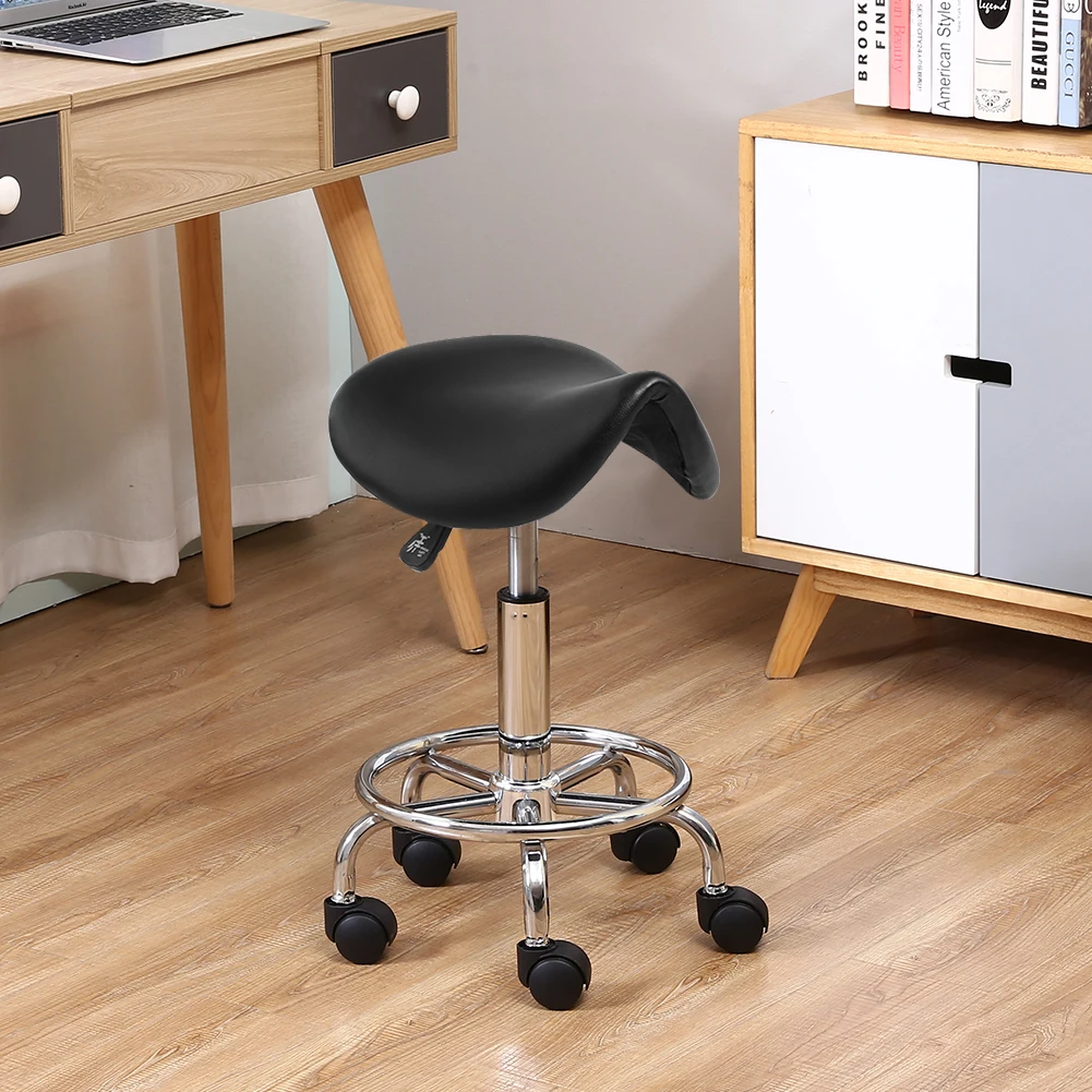 KKTONER Rolling Saddle Stool PU Leather Swivel Adjustable Rolling Stool with Wheels Salon Chair Black 5