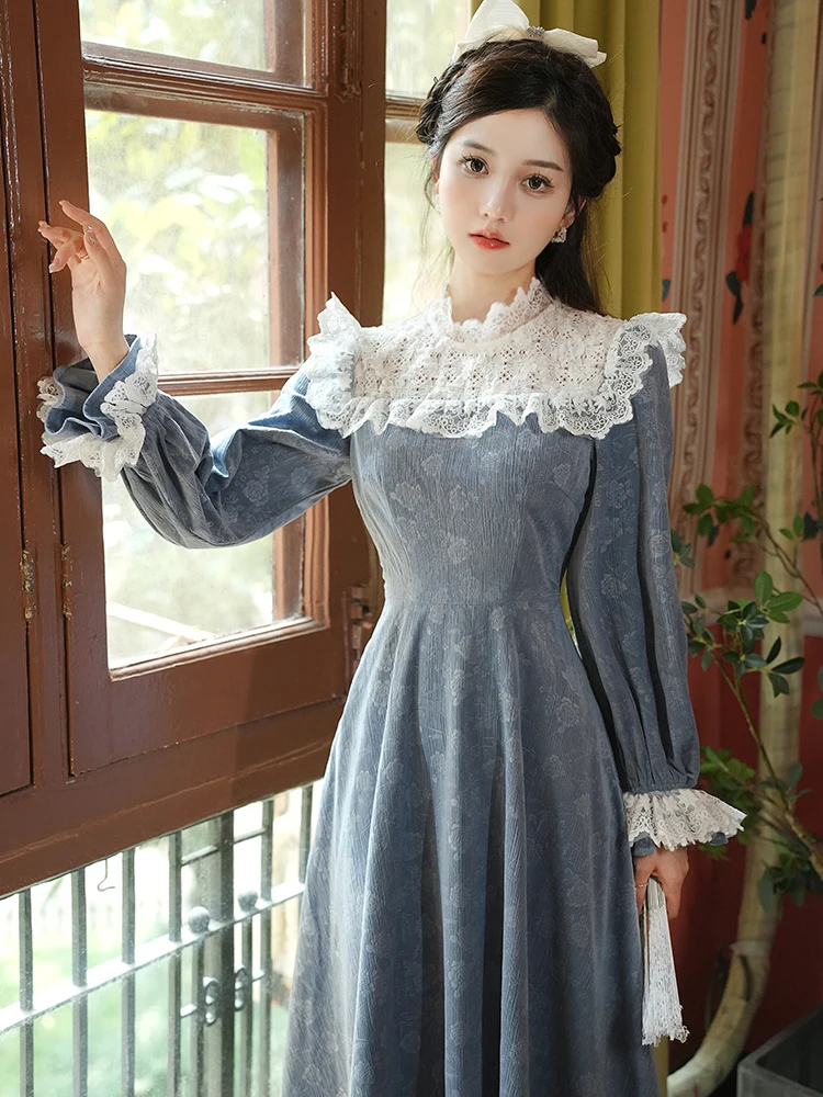 

Retro Jacquard Lace Flower Women's Dress Retro chic Petal Sleeve Lace Ruffle Collar Princess Dress Tank Top Elegant Womens Dress