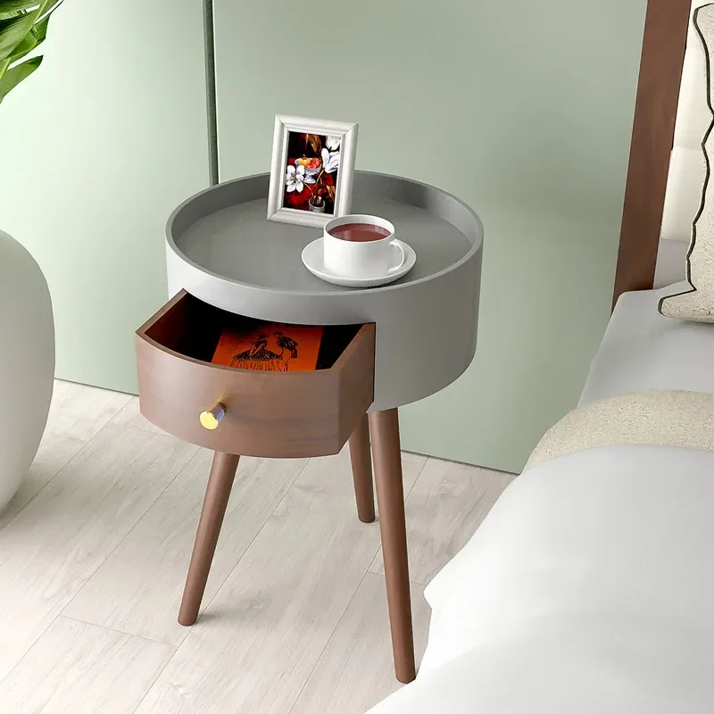 Nordic Style Nightstand, 3 Legs Wooden Bedside Table, Light Luxury Round Desk, Small Bedroom Coffee Lockers, Side Table