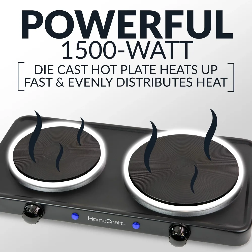 Double Burner Electric Stove Boiler Adjustable Temperature Control 1500-Watts Portable Countertop Hot Plate Induction Cooker