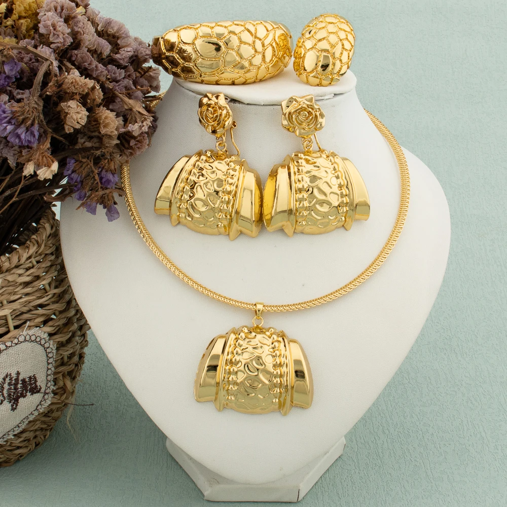 Afrika Halskette Ohrringe Schmuck-Set für Frauen Gold Farbe Metall Dubai Große Übertriebene Creolen Punk Schmuck Zubehör