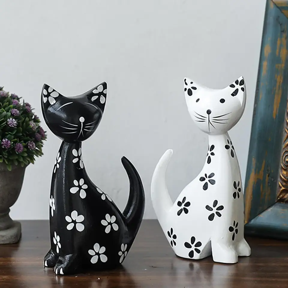 Lot de 2 statues de chat en porcelaine, sculptures animales