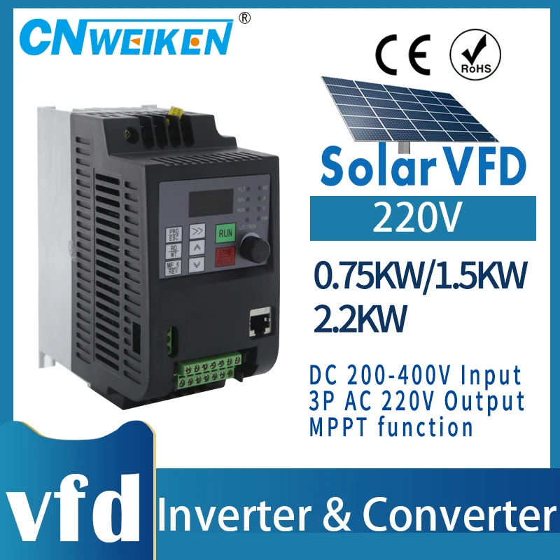 

Solar VFD INVERTER DC input 200-400V output 1P/3P 220V 0.75KW/1.5KW/2.2KW Variable Frequency Inverter for Motor Speed Control