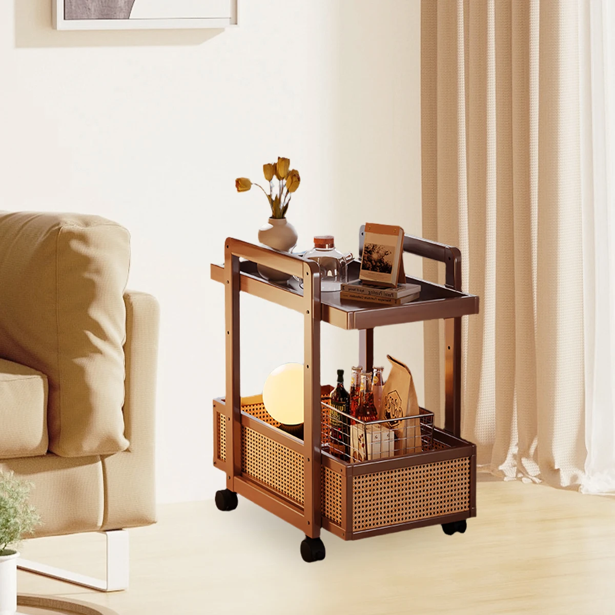 طاولة قهوة بنية حديثة مع مساحة تخزين وعجلات | تصمي...