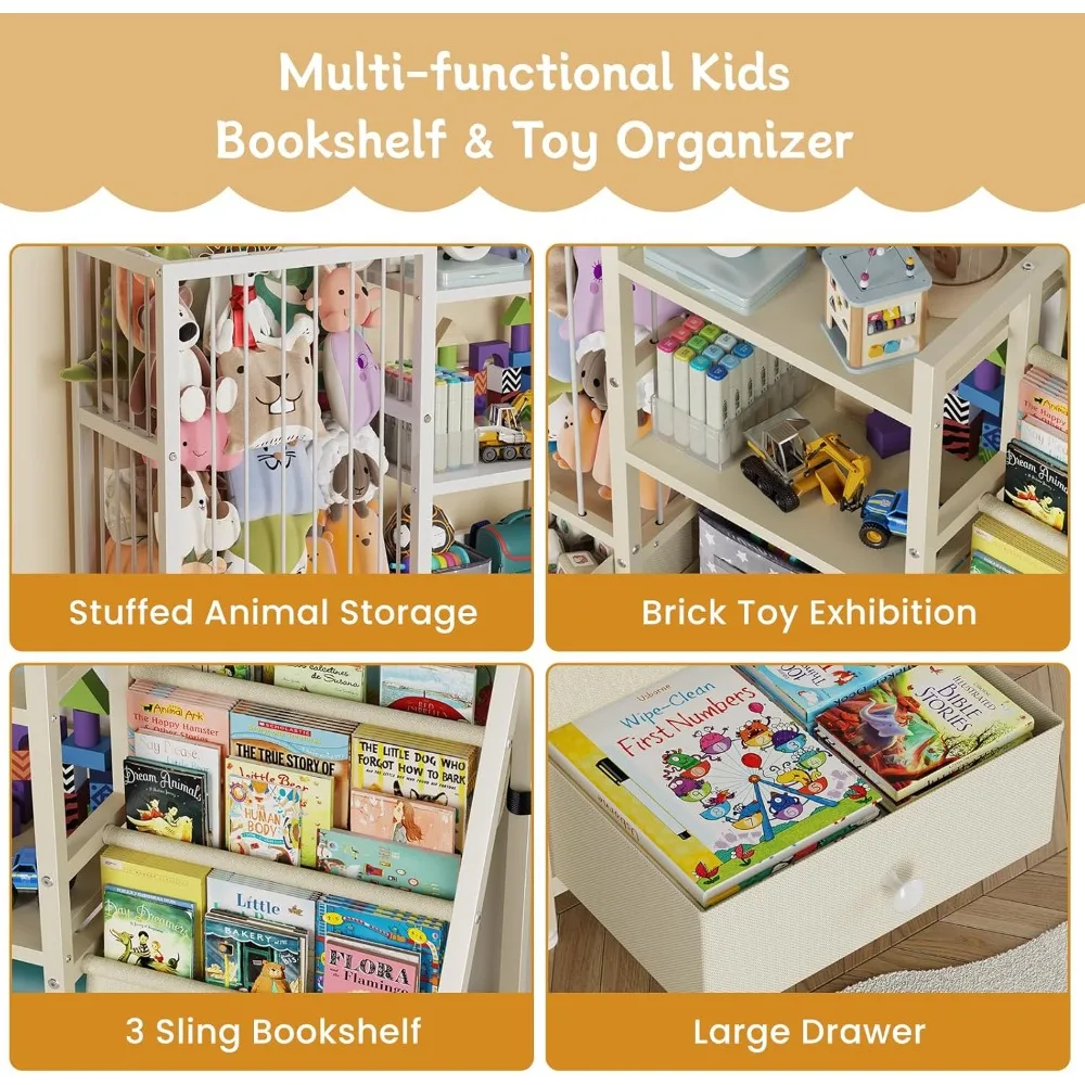 Montessori Kids Bookshelf Toy Storage with Drawers, 3-Tier Sling Shelf for Nursery Playroom