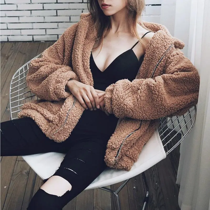 Autumn Winter Thick Bear Teddy Coat Warm Soft Faux Fur Coat Women Elegant Fleece Jacket Pocket Zipper Outerwear Overcoat S-3XL