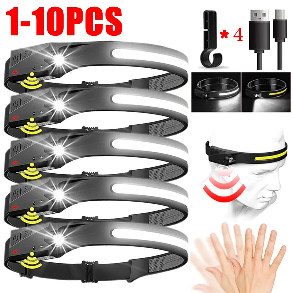 LED Sensor Headlamp Built-in Battery USB Rechargeable Head Flashlight Headlight LED Head Torch Camping Fishing Work Search Light