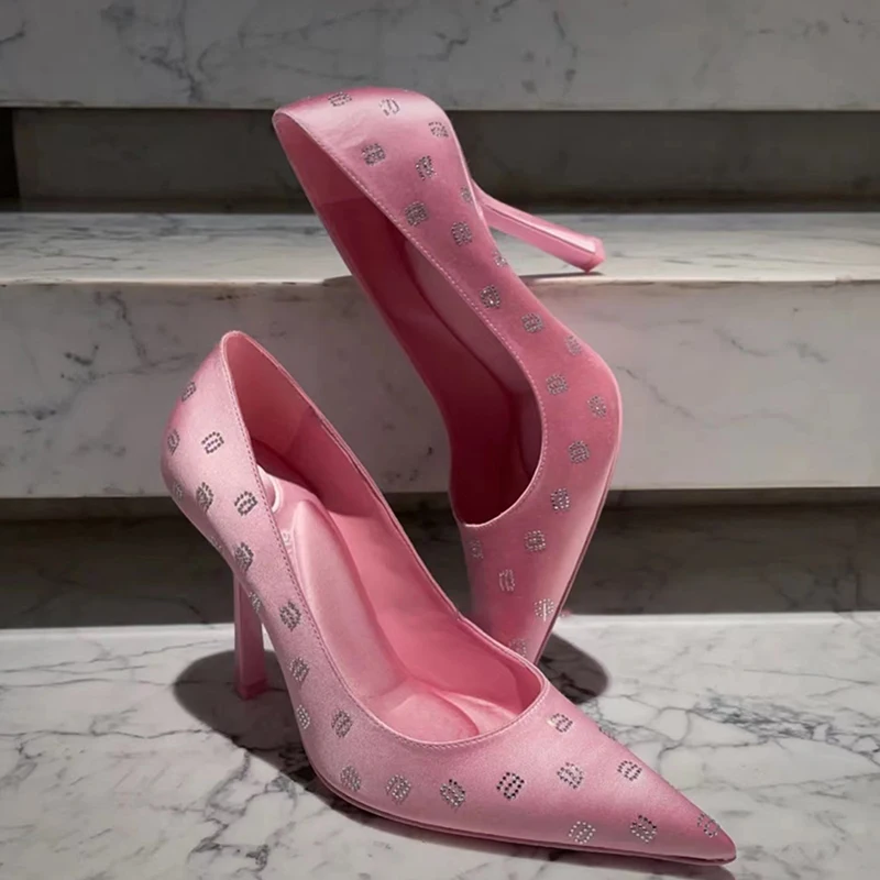 

Spring and Summer New Letter Rhinestone Pointed Shallow Silk Sandals Slim High Heels Banquet Dress Versatile Women's Single Shoe