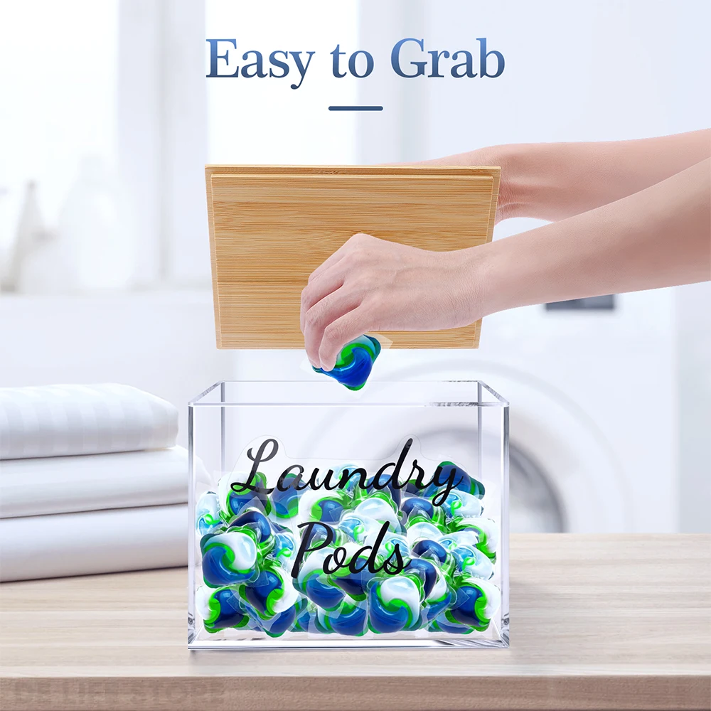Laundry Pods Container Acrylic Washing Capsule Storage Box With Bamboo Lid Dryer Sheet Holder Laundry Room Organizer 2