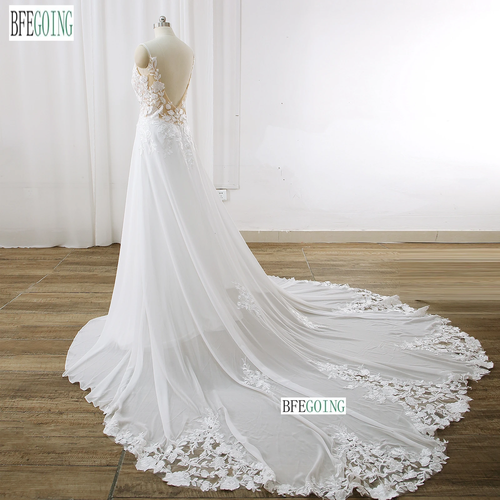 Vestidos de novia de línea a de gasa, tren de la capilla, a medida