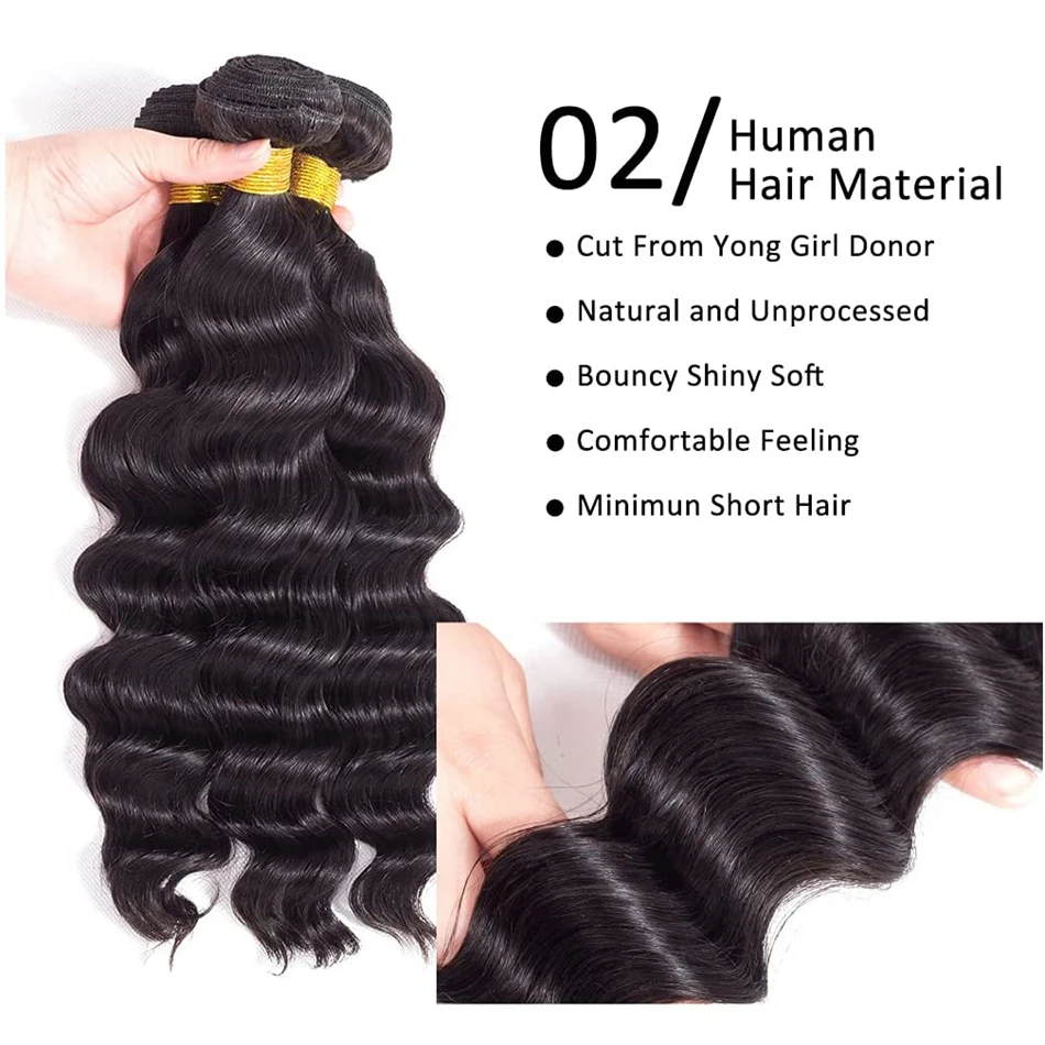 Deep Wave Curly Human Hair Bundles Brazilian Hair Weave Remy Human Bundles 3 for Black Women 30 Inch Natural Color