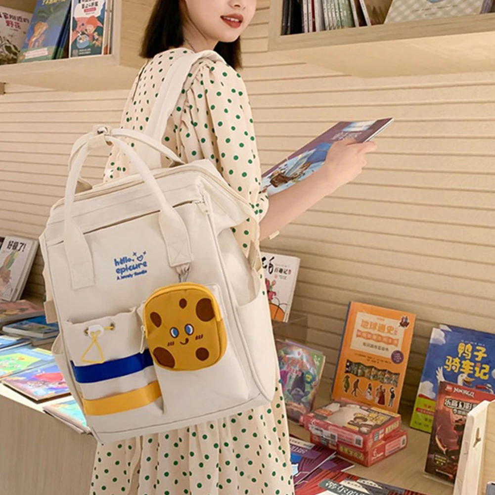 Ladies Bookbag with Small Wallet Casual Book Bags Fashion Multiple Pockets Large Capacity Nylon Simple Casual for Teenage Girls