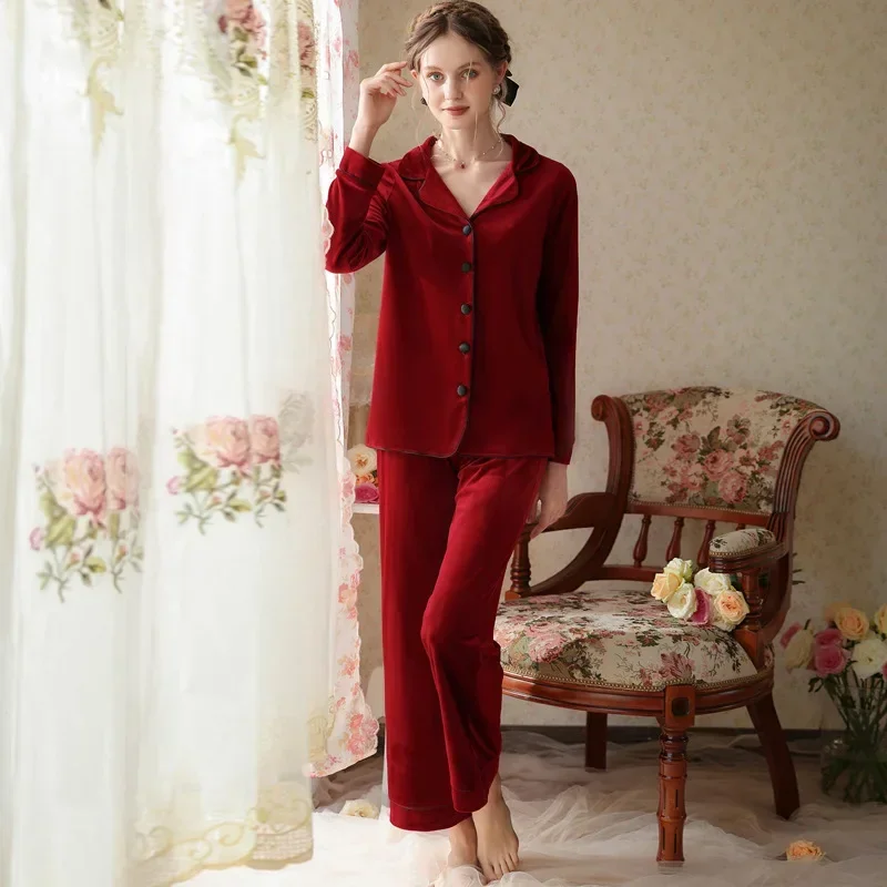 

Autumn Winter Long Sleeve Sleepshirts Trousers Nightwear Sleepwear Women Burgundy Red Velour Pyjamas Velvet Two Piece Pajama Set