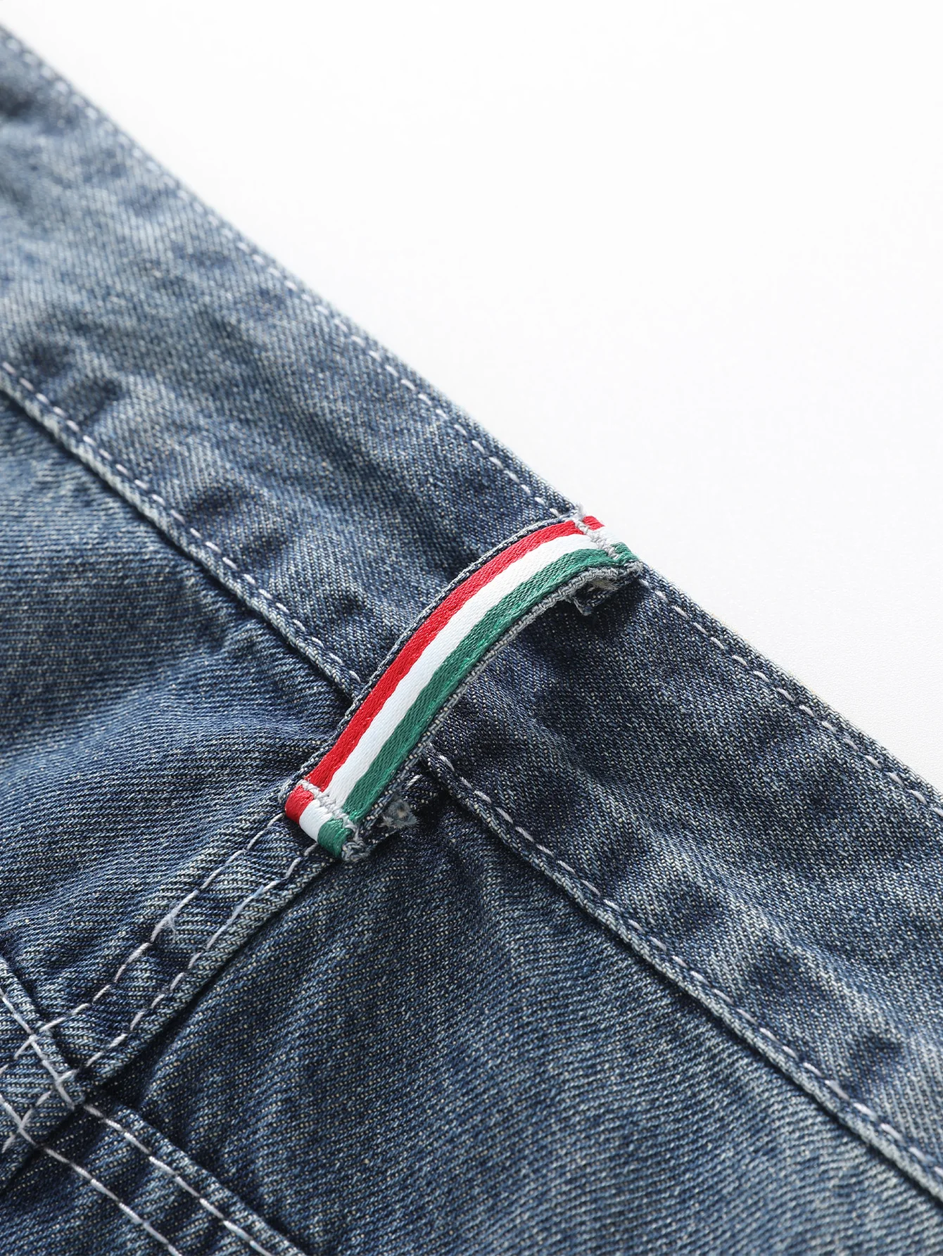 Men's Straight Non-stretch Cotton Casual Fashion Denim Pants Ripped Frayed Bleach Wash Jeans with Color Block