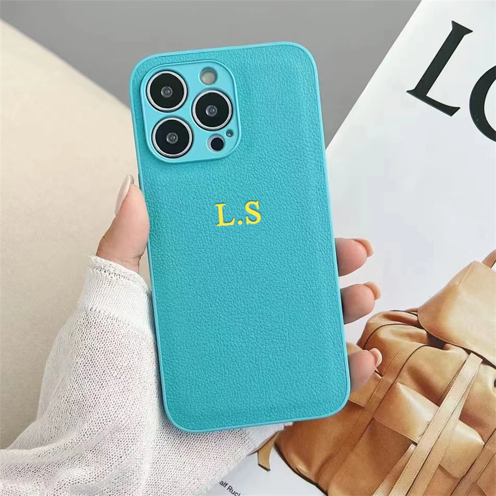 thumbnail image 1 of Customized Initials Fluorescent Green Leather Case For iPhone 15 14 Pro Max 13 12 11 XS MAX XR 7 Plus Luxury Personalised Cover, 1 of 5