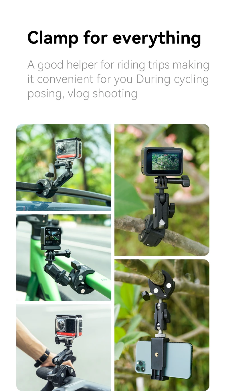 TELESIN Motorcycle Bicycle Rail Mount Clamp with 360 degree Ball Mount Clip For