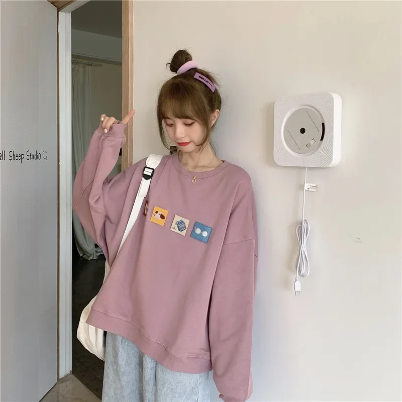 Simple Women Tops Cartoon Printed Loose Casual Thin Sweatshirts Spring Autumn Bottom Clothing Chic O-Neck Pullovers Streetwear