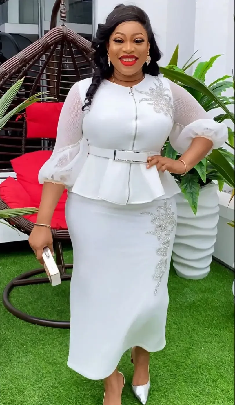 

2024 Elegant African Clothes for Women 2 PCS Sets Tops Skirts Suits Dashiki Ankara Outfits Gown Plus Size Wedding Party Dresses