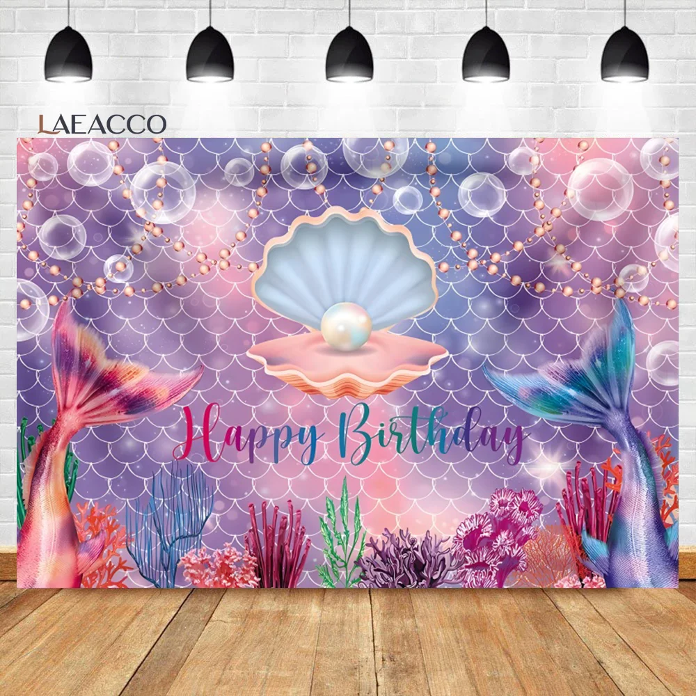 

Laeacco Mermaid Birthday Backdrop Under The Sea Blue Purple Glitter Fish Scales Pearl Girl Portrait Cusom Photography Background