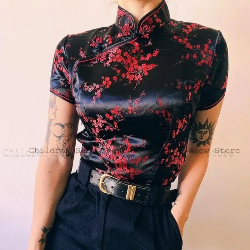 Women Chinese Shirt Satin Cheongsam Top Traditional Qipao Short Sleeve Jacquard