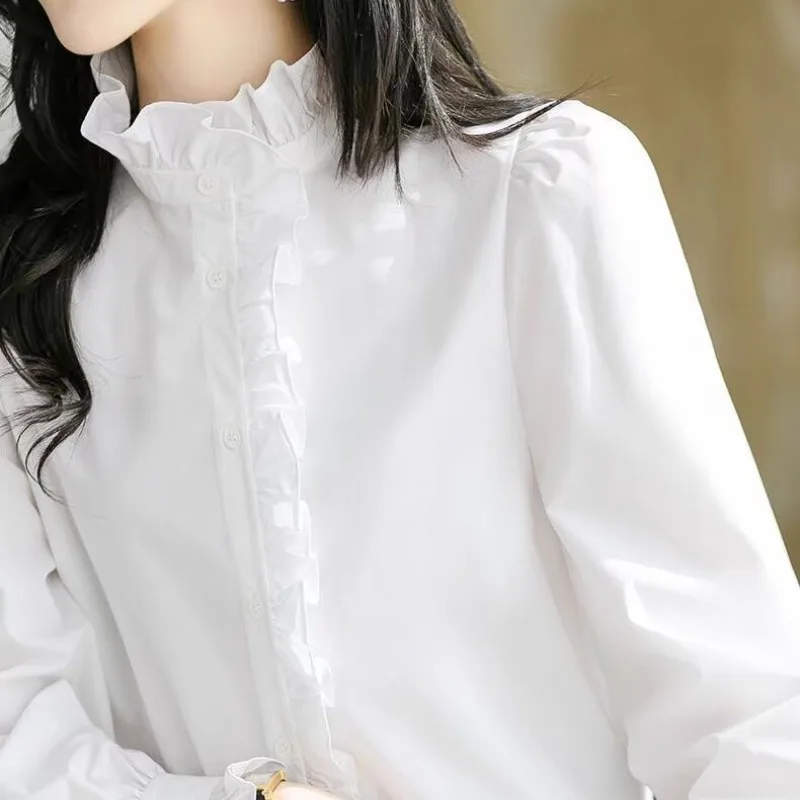 

2024 New Spring and Autumn Stand Collar Patched Button Long Sleeve Ruffle Edge Fashion Elegant Casual Solid Color Ear Edge Shirt